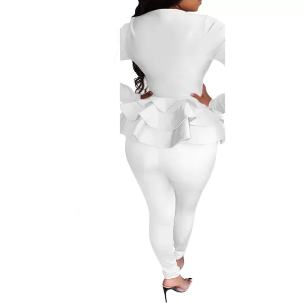 IyMoo Two Piece Outfits for Women Sexy Long Sleeve V Neck Peplum Pullover Tops Bodycon Long Pants Sets Tracksuit3white