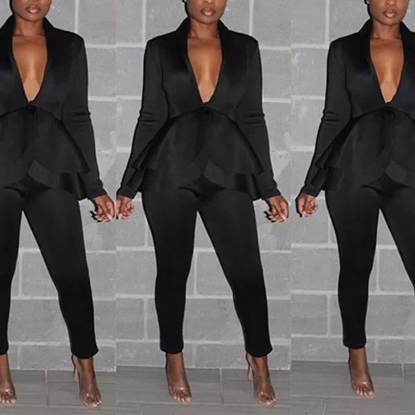 IyMoo Two Piece Outfits for Women Sexy Long Sleeve V Neck Peplum Pullover Tops Bodycon Long Pants Sets TracksuitBlack