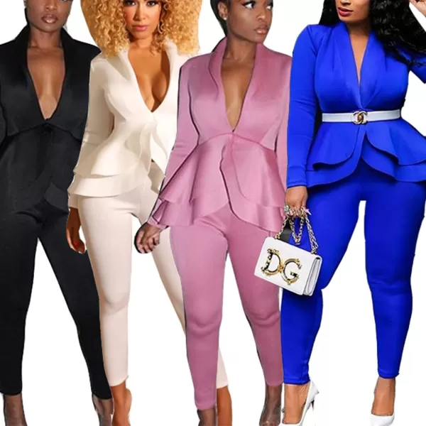 IyMoo Two Piece Outfits for Women Sexy Long Sleeve V Neck Peplum Pullover Tops Bodycon Long Pants Sets TracksuitBlue