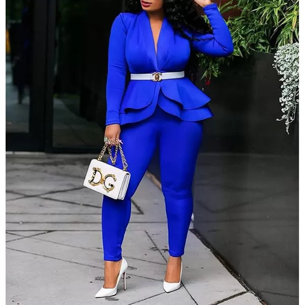 IyMoo Two Piece Outfits for Women Sexy Long Sleeve V Neck Peplum Pullover Tops Bodycon Long Pants Sets TracksuitBlue