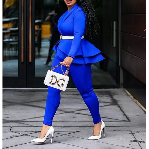 IyMoo Two Piece Outfits for Women Sexy Long Sleeve V Neck Peplum Pullover Tops Bodycon Long Pants Sets TracksuitBlue