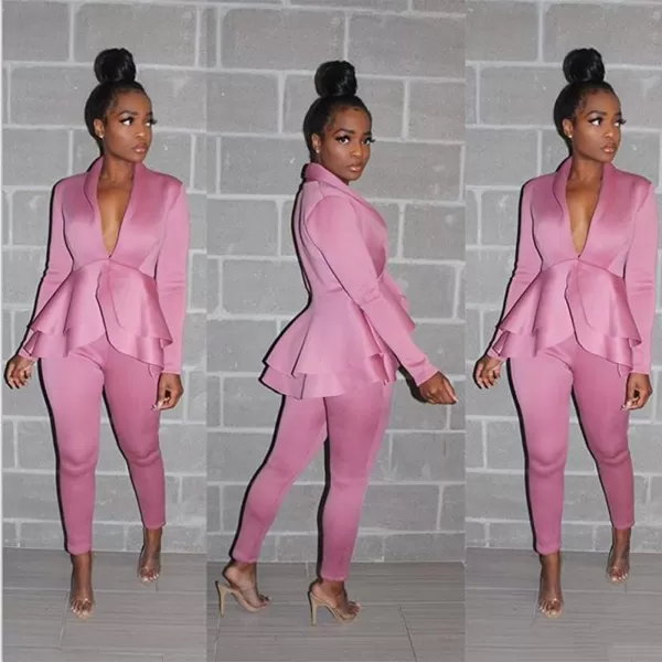 IyMoo Two Piece Outfits for Women Sexy Long Sleeve V Neck Peplum Pullover Tops Bodycon Long Pants Sets TracksuitPink