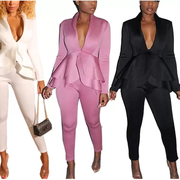 IyMoo Two Piece Outfits for Women Sexy Long Sleeve V Neck Peplum Pullover Tops Bodycon Long Pants Sets TracksuitWhite