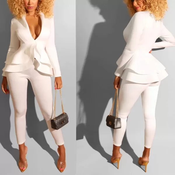 IyMoo Two Piece Outfits for Women Sexy Long Sleeve V Neck Peplum Pullover Tops Bodycon Long Pants Sets TracksuitWhite
