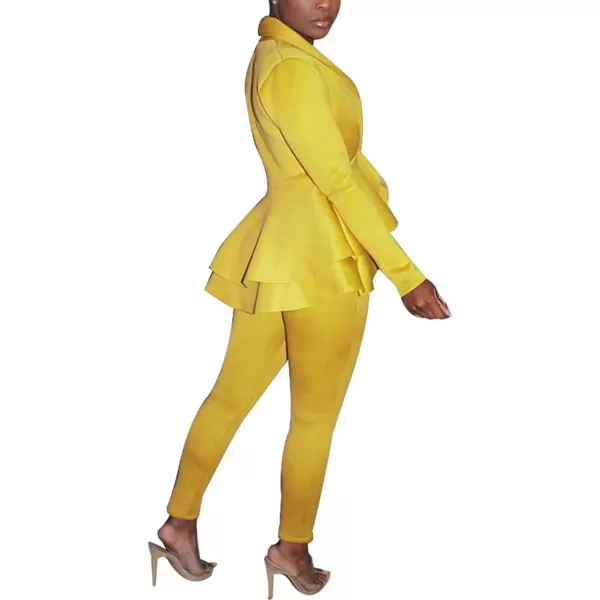 IyMoo Two Piece Outfits for Women Sexy Long Sleeve V Neck Peplum Pullover Tops Bodycon Long Pants Sets TracksuitYellow