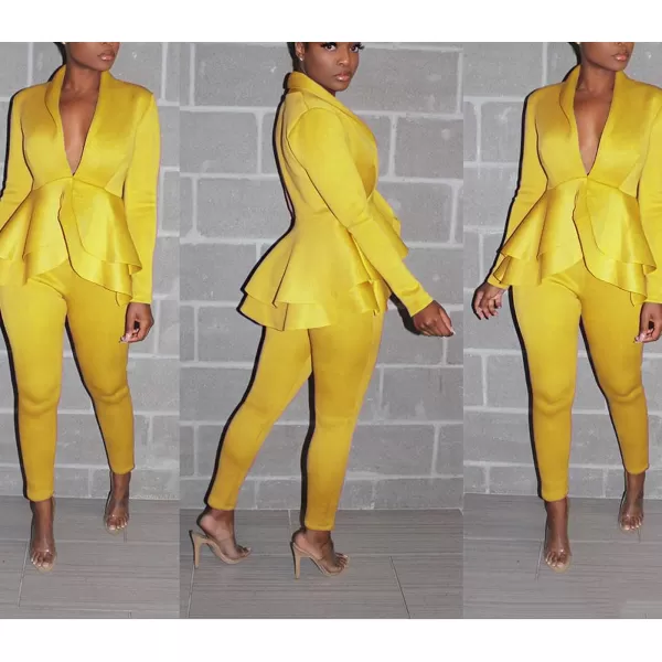 IyMoo Two Piece Outfits for Women Sexy Long Sleeve V Neck Peplum Pullover Tops Bodycon Long Pants Sets TracksuitYellow