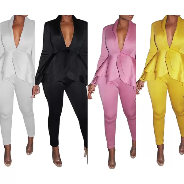 IyMoo Two Piece Outfits for Women Sexy Long Sleeve V Neck Peplum Pullover Tops Bodycon Long Pants Sets TracksuitYellow