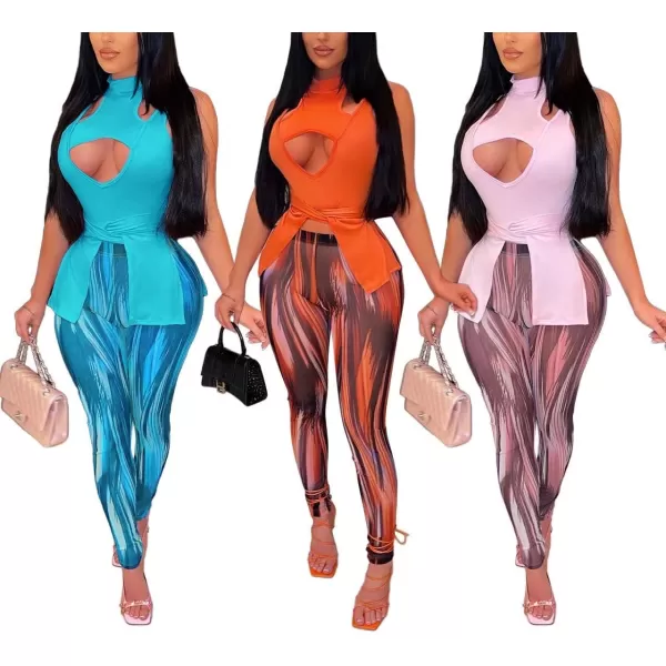 IyMoo Two Piece Pants Set Women Sleeveless Cutout Tops and Printed Bodycon Long Pants Set S2XLA1 Black