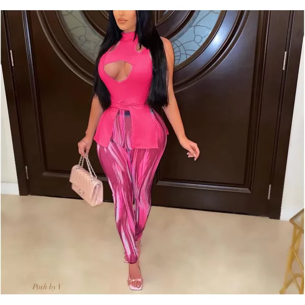 IyMoo Two Piece Pants Set Women Sleeveless Cutout Tops and Printed Bodycon Long Pants Set S2XLA1 Rose Red