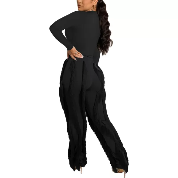 IyMoo Women 2 Piece Outfits Jumpsuit  Long Sleeve Crewneck Sweatshirt Fringe High Waisted Pants Sweatsuit SetBlack