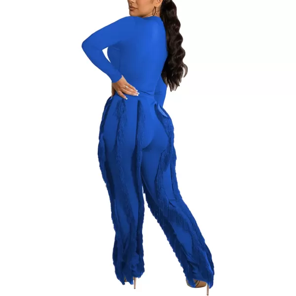 IyMoo Women 2 Piece Outfits Jumpsuit  Long Sleeve Crewneck Sweatshirt Fringe High Waisted Pants Sweatsuit SetBlue