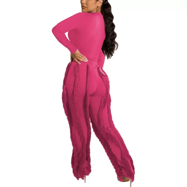 IyMoo Women 2 Piece Outfits Jumpsuit  Long Sleeve Crewneck Sweatshirt Fringe High Waisted Pants Sweatsuit SetFuchsia
