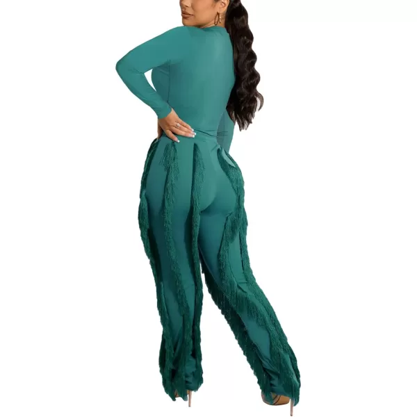 IyMoo Women 2 Piece Outfits Jumpsuit  Long Sleeve Crewneck Sweatshirt Fringe High Waisted Pants Sweatsuit SetGreen