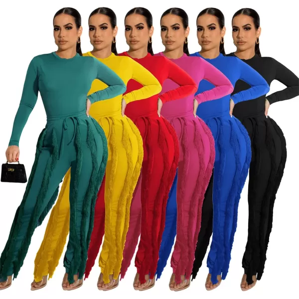 IyMoo Women 2 Piece Outfits Jumpsuit  Long Sleeve Crewneck Sweatshirt Fringe High Waisted Pants Sweatsuit SetGreen