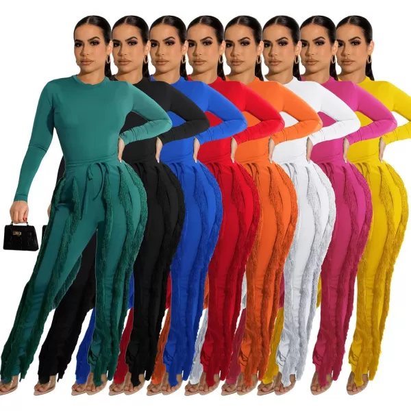 IyMoo Women 2 Piece Outfits Jumpsuit  Long Sleeve Crewneck Sweatshirt Fringe High Waisted Pants Sweatsuit SetOrange