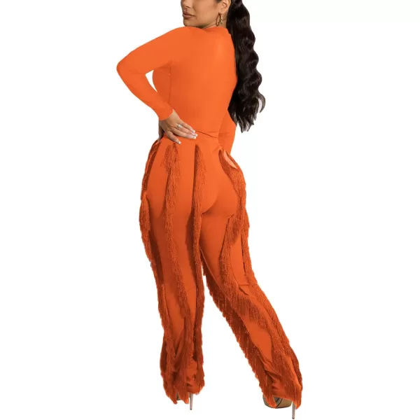 IyMoo Women 2 Piece Outfits Jumpsuit  Long Sleeve Crewneck Sweatshirt Fringe High Waisted Pants Sweatsuit SetOrange