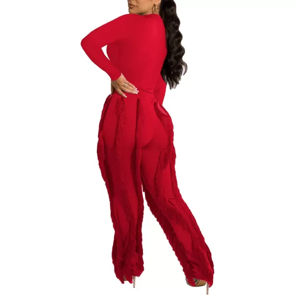 IyMoo Women 2 Piece Outfits Jumpsuit  Long Sleeve Crewneck Sweatshirt Fringe High Waisted Pants Sweatsuit SetRed