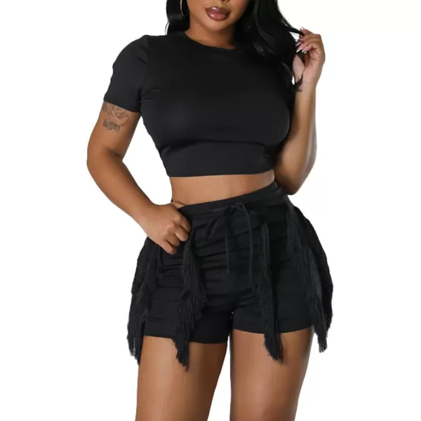 IyMoo Women 2 Piece Outfits Jumpsuit  Long Sleeve Crewneck Sweatshirt Fringe High Waisted Pants Sweatsuit SetShort Sleeve Black