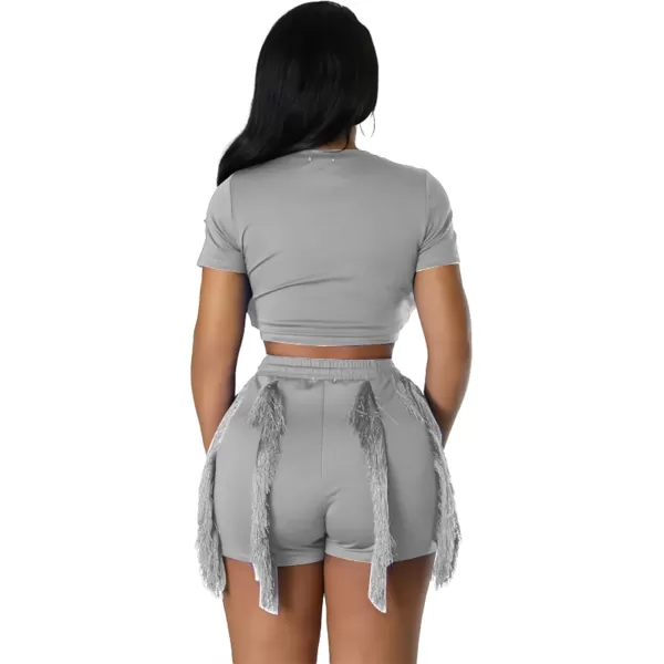 IyMoo Women 2 Piece Outfits Jumpsuit  Long Sleeve Crewneck Sweatshirt Fringe High Waisted Pants Sweatsuit SetShort Sleeve Gray
