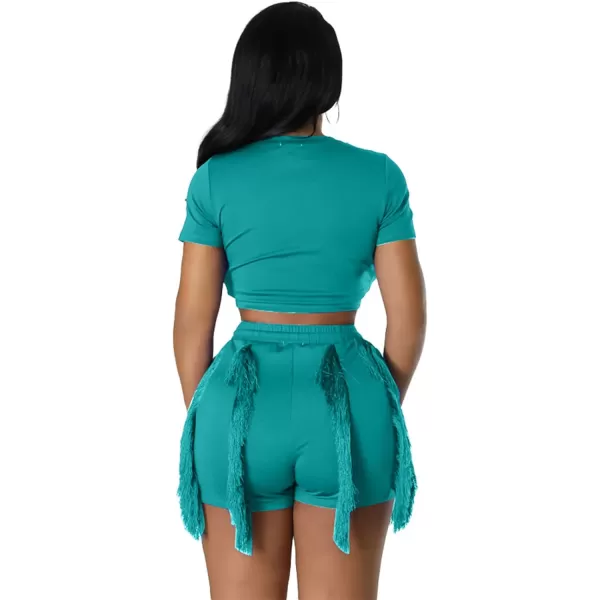 IyMoo Women 2 Piece Outfits Jumpsuit  Long Sleeve Crewneck Sweatshirt Fringe High Waisted Pants Sweatsuit SetShort Sleeve Green