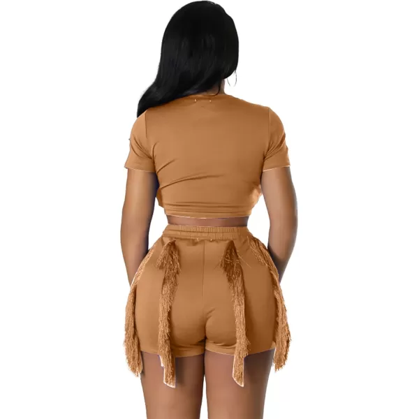 IyMoo Women 2 Piece Outfits Jumpsuit  Long Sleeve Crewneck Sweatshirt Fringe High Waisted Pants Sweatsuit SetShort Sleeve Khaki