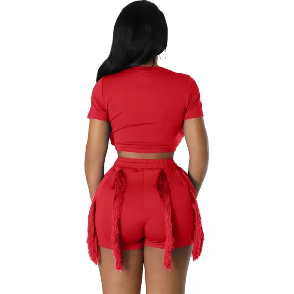 IyMoo Women 2 Piece Outfits Jumpsuit  Long Sleeve Crewneck Sweatshirt Fringe High Waisted Pants Sweatsuit SetShort Sleeve Red