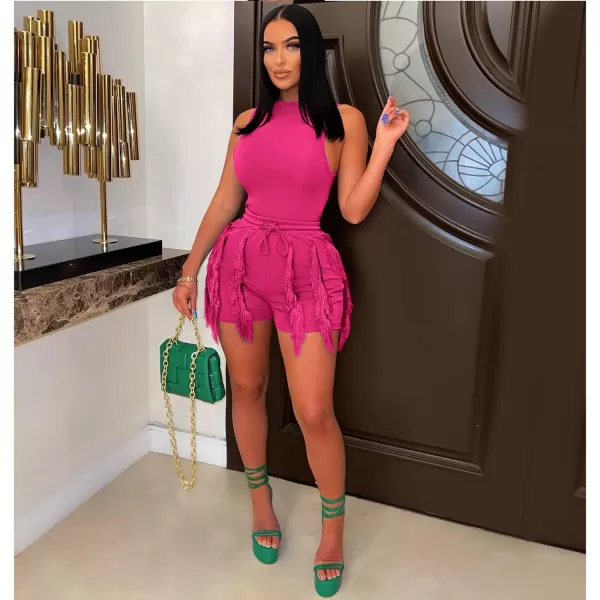 IyMoo Women 2 Piece Outfits Jumpsuit  Long Sleeve Crewneck Sweatshirt Fringe High Waisted Pants Sweatsuit SetShorts Fuchsia