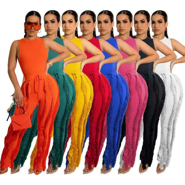 IyMoo Women 2 Piece Outfits Jumpsuit  Long Sleeve Crewneck Sweatshirt Fringe High Waisted Pants Sweatsuit SetSleeveless Black