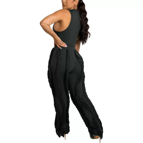 IyMoo Women 2 Piece Outfits Jumpsuit  Long Sleeve Crewneck Sweatshirt Fringe High Waisted Pants Sweatsuit SetSleeveless Black