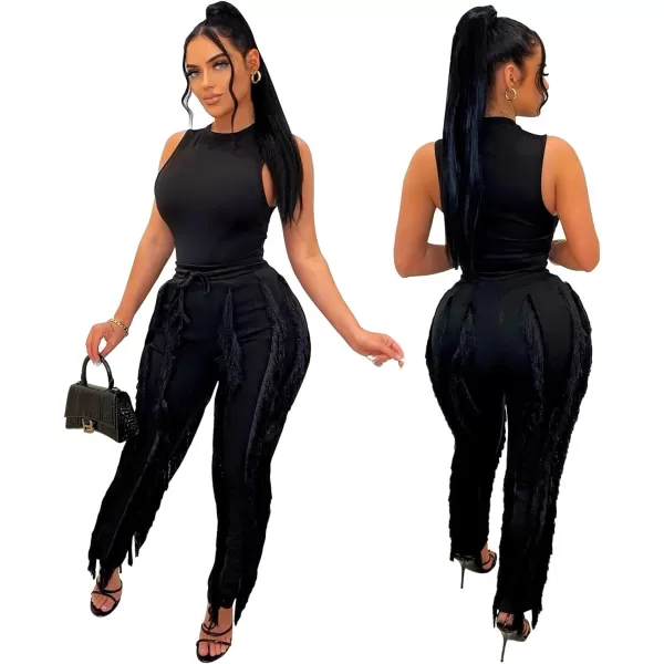 IyMoo Women 2 Piece Outfits Jumpsuit  Long Sleeve Crewneck Sweatshirt Fringe High Waisted Pants Sweatsuit SetSleeveless Black