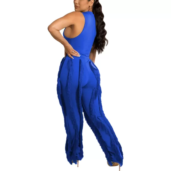 IyMoo Women 2 Piece Outfits Jumpsuit  Long Sleeve Crewneck Sweatshirt Fringe High Waisted Pants Sweatsuit SetSleeveless Blue