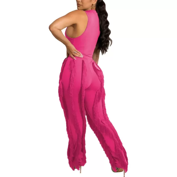 IyMoo Women 2 Piece Outfits Jumpsuit  Long Sleeve Crewneck Sweatshirt Fringe High Waisted Pants Sweatsuit SetSleeveless Fuchsia