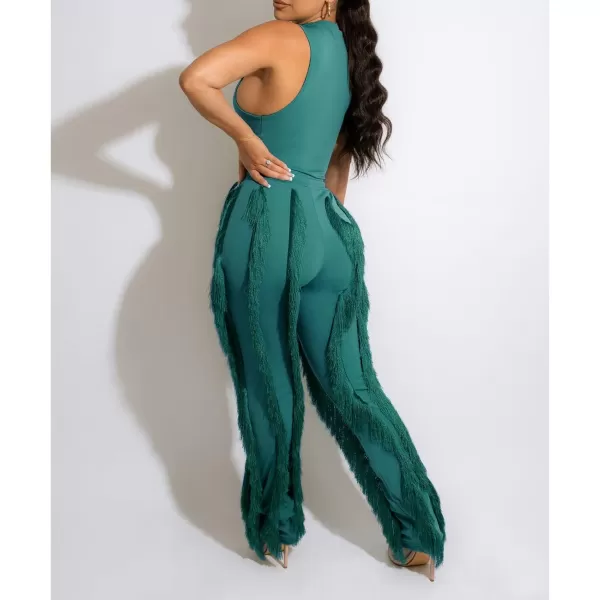 IyMoo Women 2 Piece Outfits Jumpsuit  Long Sleeve Crewneck Sweatshirt Fringe High Waisted Pants Sweatsuit SetSleeveless Green