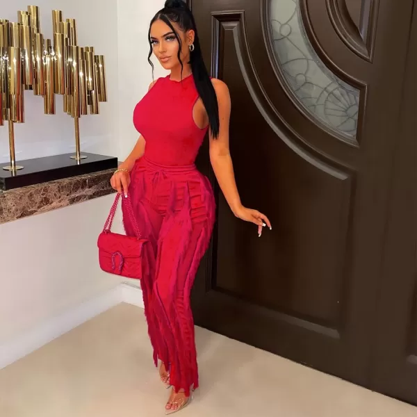 IyMoo Women 2 Piece Outfits Jumpsuit  Long Sleeve Crewneck Sweatshirt Fringe High Waisted Pants Sweatsuit SetSleeveless Red