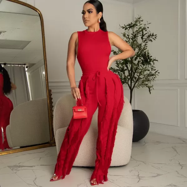 IyMoo Women 2 Piece Outfits Jumpsuit  Long Sleeve Crewneck Sweatshirt Fringe High Waisted Pants Sweatsuit SetSleeveless Red