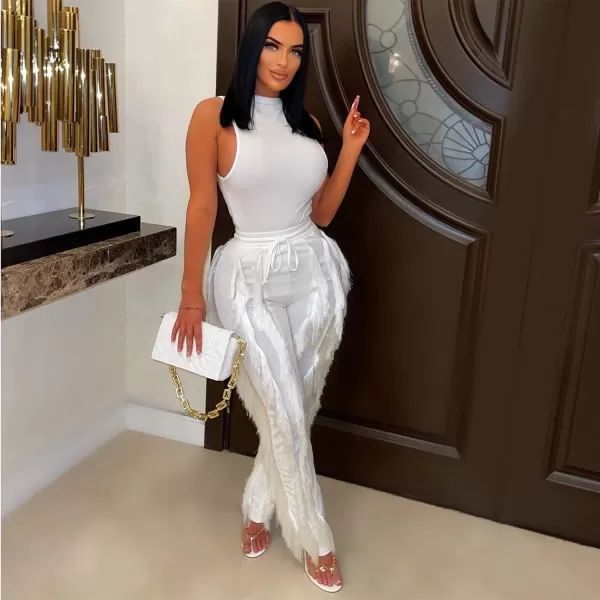 IyMoo Women 2 Piece Outfits Jumpsuit  Long Sleeve Crewneck Sweatshirt Fringe High Waisted Pants Sweatsuit SetSleeveless White
