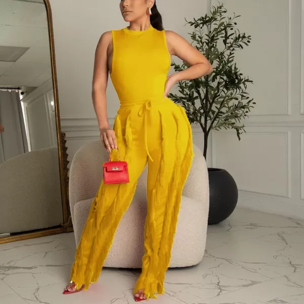 IyMoo Women 2 Piece Outfits Jumpsuit  Long Sleeve Crewneck Sweatshirt Fringe High Waisted Pants Sweatsuit SetSleeveless Yellow