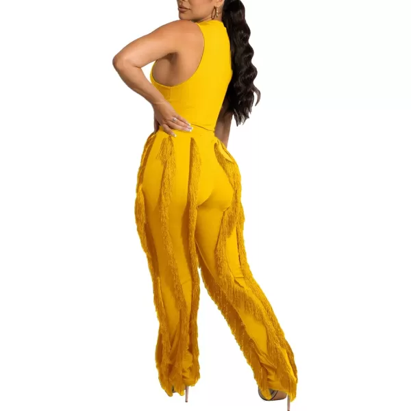 IyMoo Women 2 Piece Outfits Jumpsuit  Long Sleeve Crewneck Sweatshirt Fringe High Waisted Pants Sweatsuit SetSleeveless Yellow
