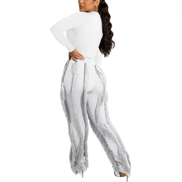 IyMoo Women 2 Piece Outfits Jumpsuit  Long Sleeve Crewneck Sweatshirt Fringe High Waisted Pants Sweatsuit SetWhite