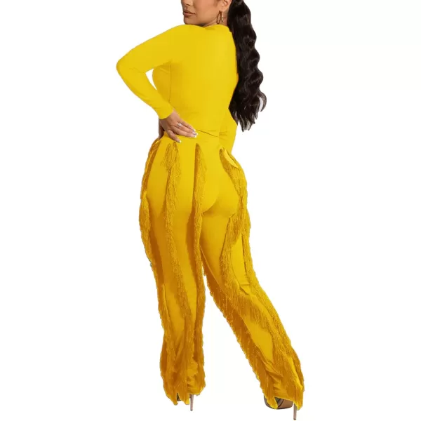 IyMoo Women 2 Piece Outfits Jumpsuit  Long Sleeve Crewneck Sweatshirt Fringe High Waisted Pants Sweatsuit SetYellow