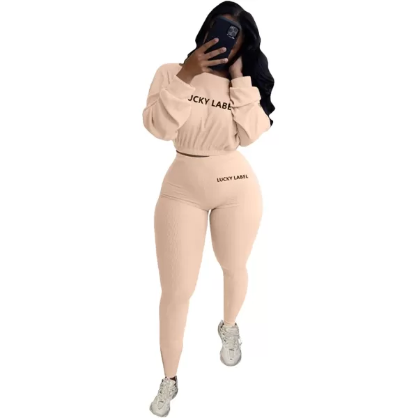IyMoo Women 2 Piece Outfits Sweatsuit Set  Long Sleeve Ribbed Crop Top  Skinny Long Pants Tracksuit Jogger SetApricot Letter