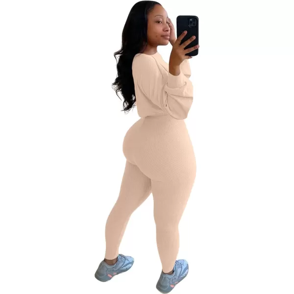 IyMoo Women 2 Piece Outfits Sweatsuit Set  Long Sleeve Ribbed Crop Top  Skinny Long Pants Tracksuit Jogger SetApricot Letter