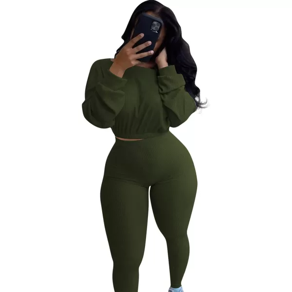IyMoo Women 2 Piece Outfits Sweatsuit Set  Long Sleeve Ribbed Crop Top  Skinny Long Pants Tracksuit Jogger SetArmy Green