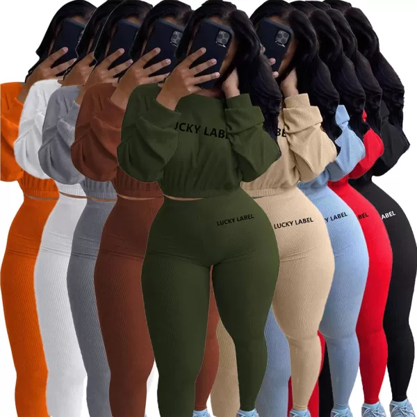 IyMoo Women 2 Piece Outfits Sweatsuit Set  Long Sleeve Ribbed Crop Top  Skinny Long Pants Tracksuit Jogger SetArmy Green Letter