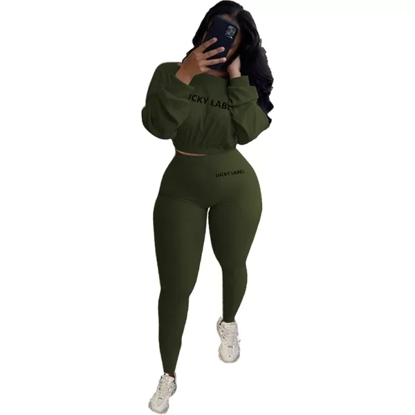 IyMoo Women 2 Piece Outfits Sweatsuit Set  Long Sleeve Ribbed Crop Top  Skinny Long Pants Tracksuit Jogger SetArmy Green Letter