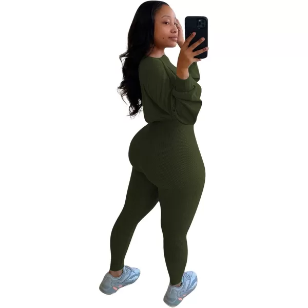 IyMoo Women 2 Piece Outfits Sweatsuit Set  Long Sleeve Ribbed Crop Top  Skinny Long Pants Tracksuit Jogger SetArmy Green Letter