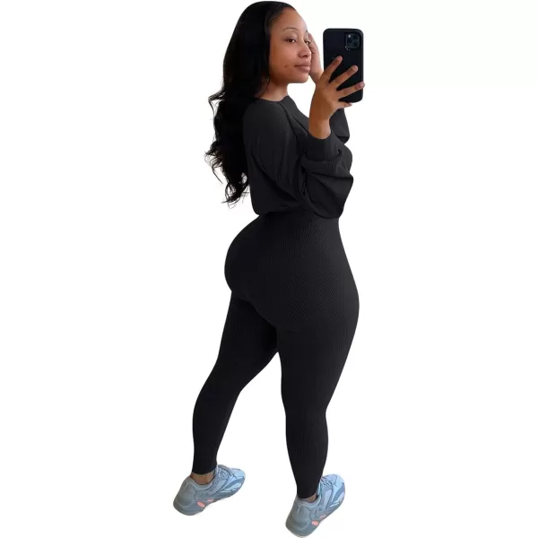 IyMoo Women 2 Piece Outfits Sweatsuit Set  Long Sleeve Ribbed Crop Top  Skinny Long Pants Tracksuit Jogger SetBlack