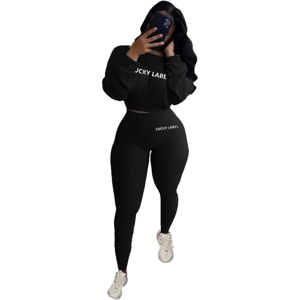 IyMoo Women 2 Piece Outfits Sweatsuit Set  Long Sleeve Ribbed Crop Top  Skinny Long Pants Tracksuit Jogger SetBlack Letter