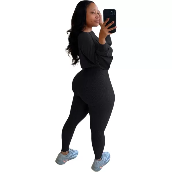 IyMoo Women 2 Piece Outfits Sweatsuit Set  Long Sleeve Ribbed Crop Top  Skinny Long Pants Tracksuit Jogger SetBlack Letter