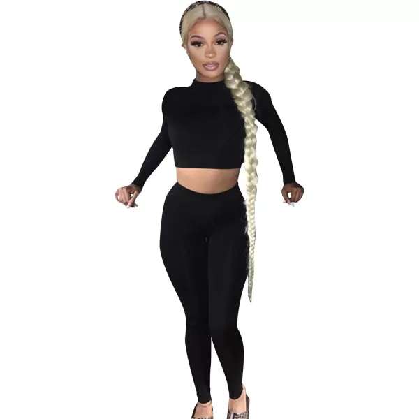 IyMoo Women 2 Piece Outfits Sweatsuit Set  Long Sleeve Ribbed Crop Top  Skinny Long Pants Tracksuit Jogger SetBodycon Black